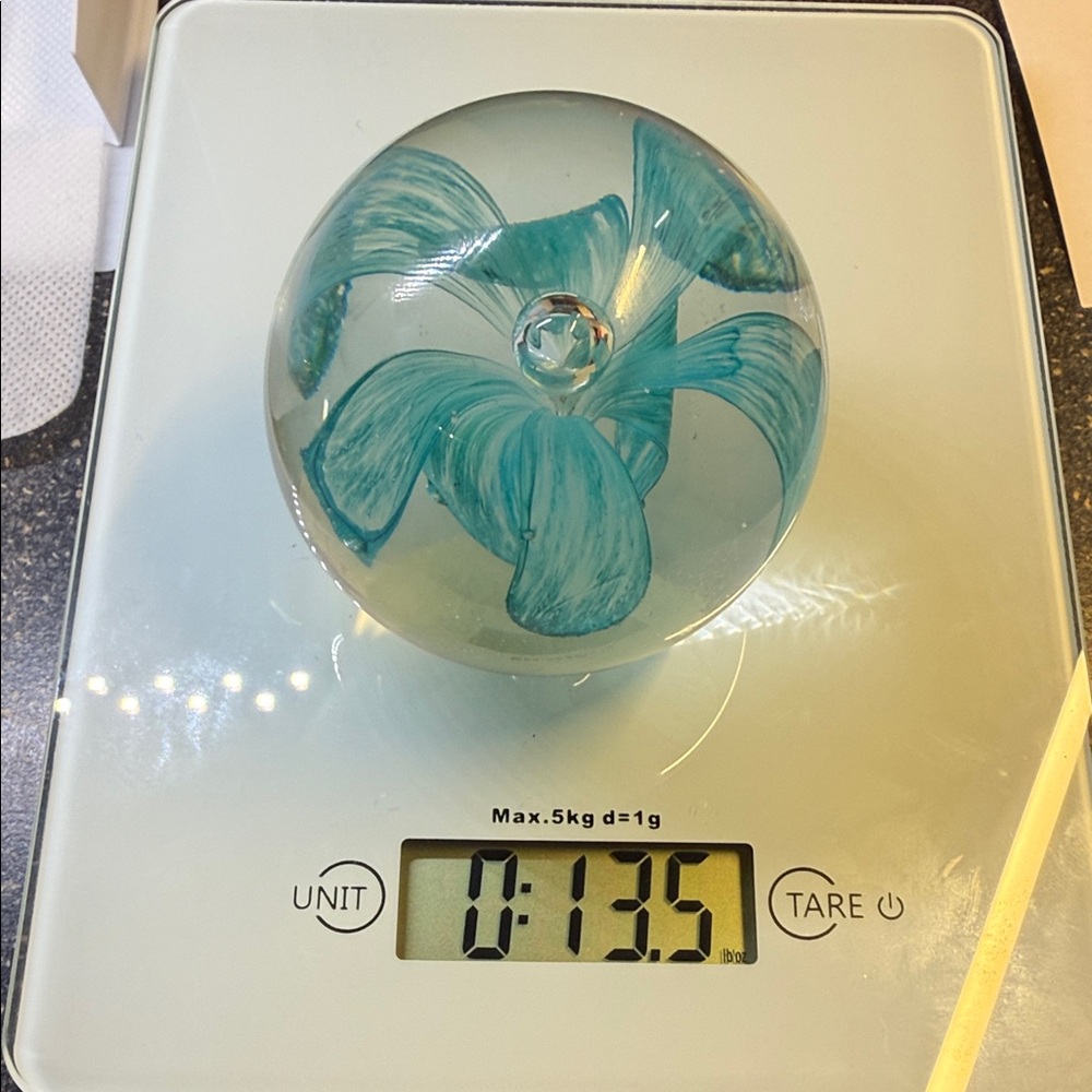 Glass Art Paper Weight Sphere with Teal Floral Design 2 Inches Tall - Picture 7 of 11